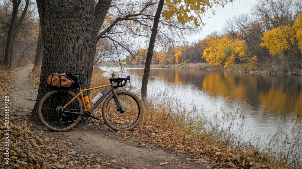 Fototapeta premium Bike by the River Amid Autumn Foliage