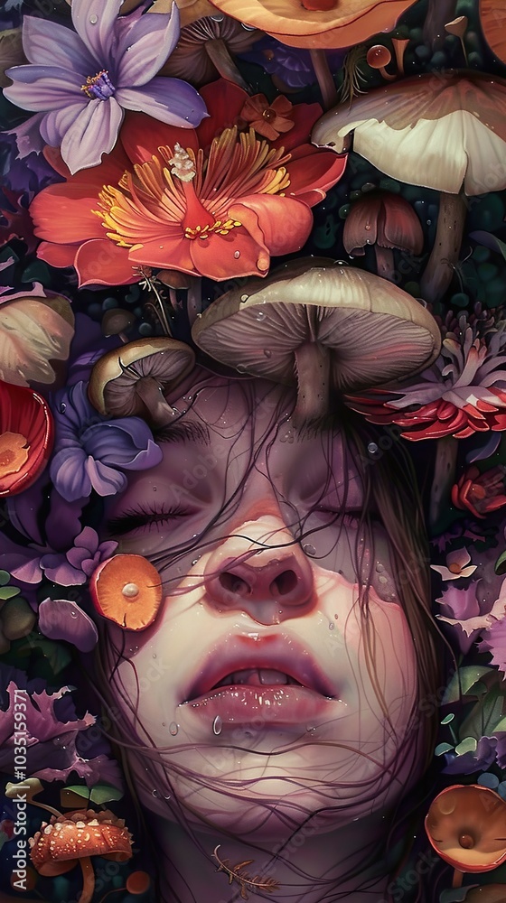 Surreal Portrait of a Woman Surrounded by Flowers and Mushrooms Surreal Portrait of a Woman Surrounded by Flowers and Mushrooms