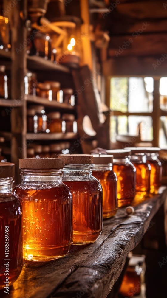 Rustic Bottling Scene with Organic Honey and Beeswax