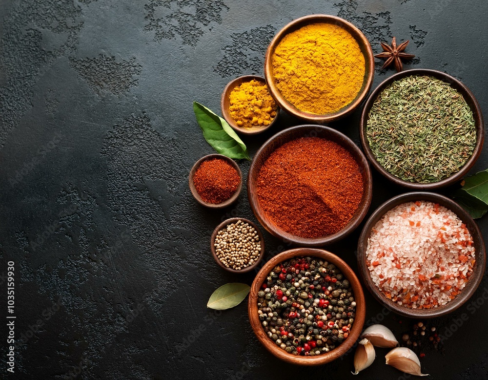 Spices and herbs on table top with copy space Spices and herbs on table top with copy space