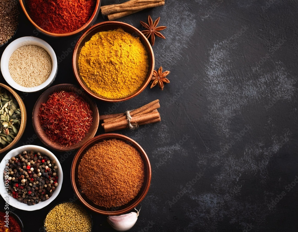 Spices and herbs on table top with copy space Spices and herbs on table top with copy space