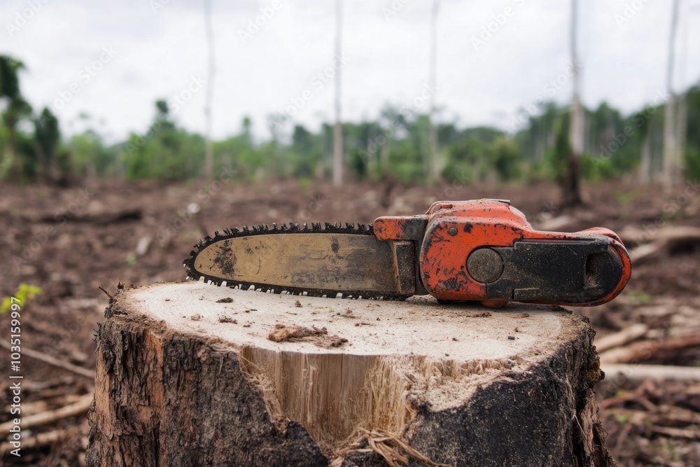 Chainsaw lying on a tree stump in a deforested area, symbolizing the tools of deforestation and the irreversible damage caused by logging Chainsaw lying on a tree stump in a deforested area, symbolizing the tools of deforestation and the irreversible damage caused by logging