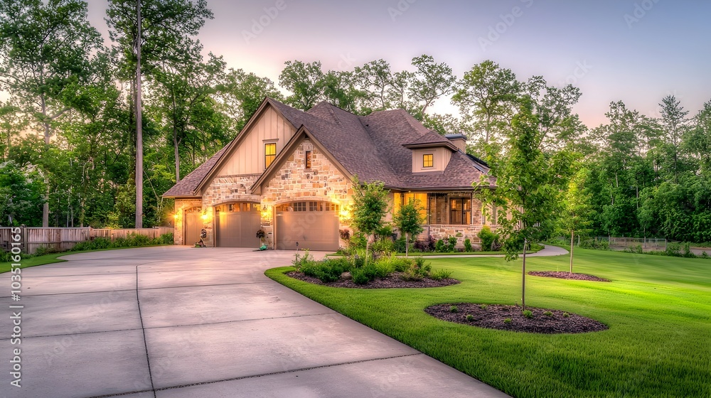 Peaceful and cozy suburban home with a large well manicured yard and a variety of mature trees providing a tranquil and picturesque landscape Peaceful and cozy suburban home with a large well manicured yard and a variety of mature trees providing a tranquil and picturesque landscape
