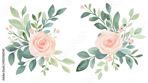 Delicate watercolor floral arrangement featuring soft pink roses and lush greenery, perfect for wedding invitations and decor.