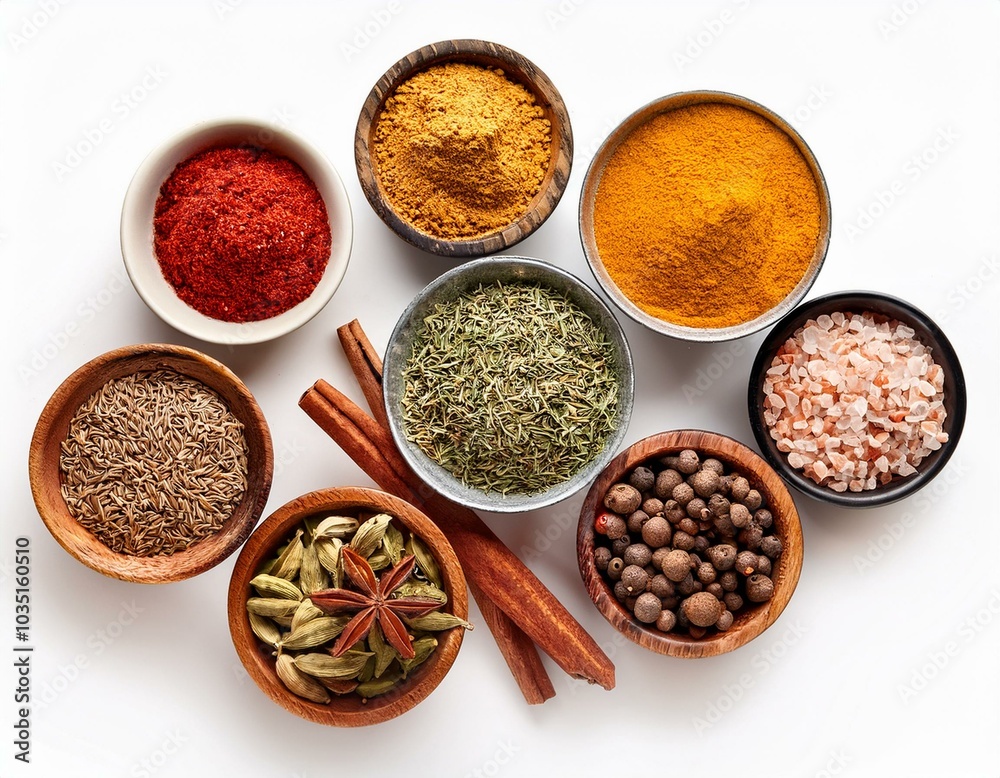 Spices and herbs on table top with copy space Spices and herbs on table top with copy space