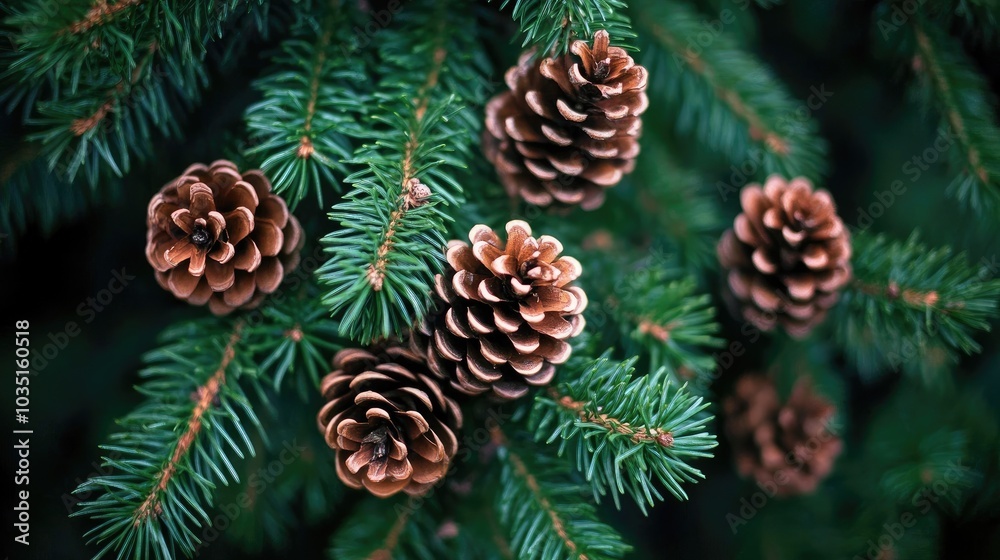 Close-up View of Pine Cones on Evergreen Branches Close-up View of Pine Cones on Evergreen Branches