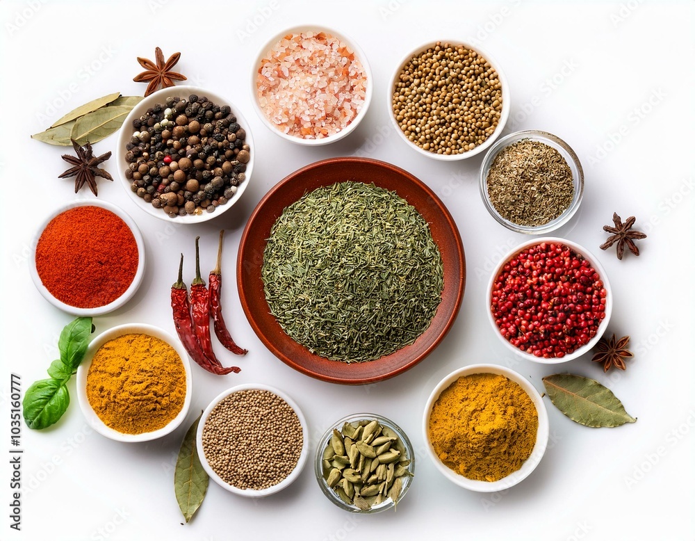 Spices and herbs on table top with copy space Spices and herbs on table top with copy space