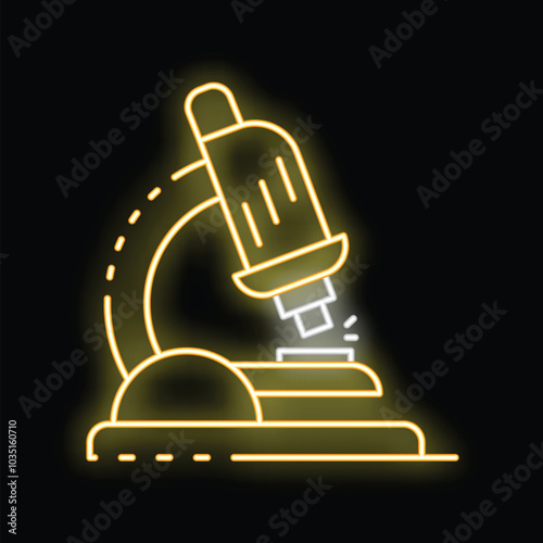 Yellow neon microscope is shining in the dark, representing scientific research and discovery
