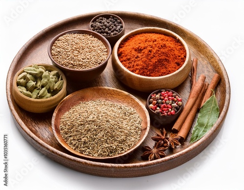 Spices and herbs on table top with copy space