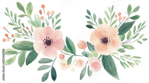 Elegant watercolor floral arrangement with soft peach flowers and lush green leaves, perfect for spring and nature-themed designs.