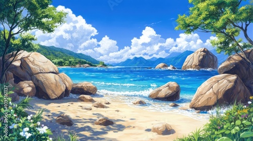 Serene Tropical Seascape with Rocks and Blue Water