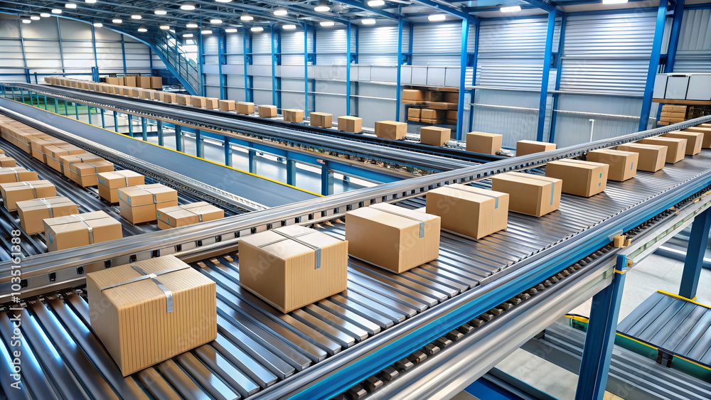 Automated sorting system with packages moving along conveyor belts in warehouse Automated sorting system with packages moving along conveyor belts in warehouse