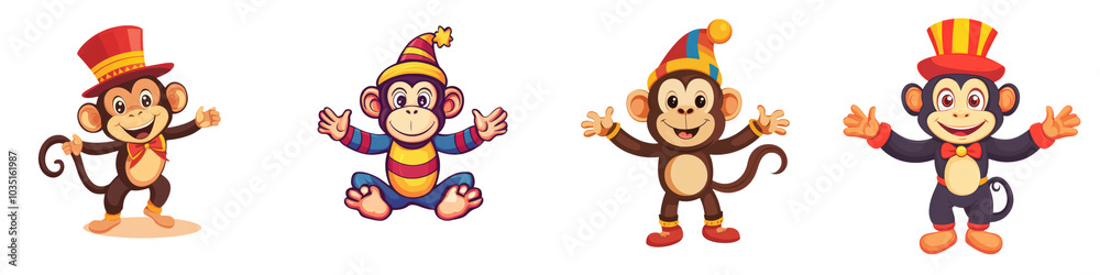 Cheerful cartoon monkeys dressed in festive circus costumes performing acrobatic tricks and dancing with joy These playful primate performers are sure to bring a smile to any audience Cheerful cartoon monkeys dressed in festive circus costumes performing acrobatic tricks and dancing with joy These playful primate performers are sure to bring a smile to any audience