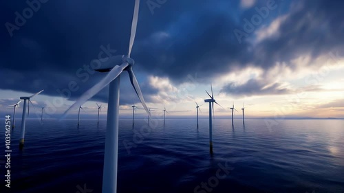 Offshore Wind Turbines Generating Renewable Energy at Sunset: Clean Power, Sustainable Future