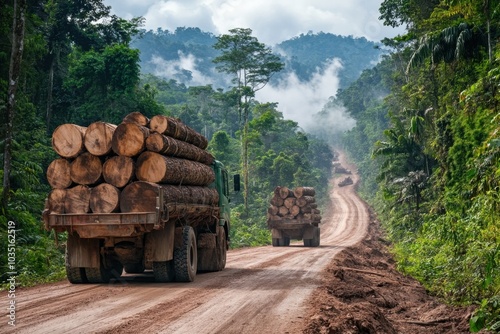 Trucks loaded with logs on a dirt road through a forest, illustrating the logging industry's role in accelerating deforestation and its impact on natural habitats photo