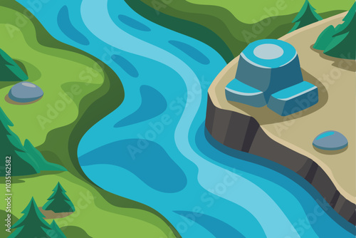 Aerial view of river close up with stone element vector illustration