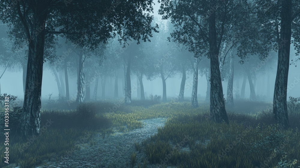 Misty Forest Pathway in Tranquil Atmosphere Misty Forest Pathway in Tranquil Atmosphere