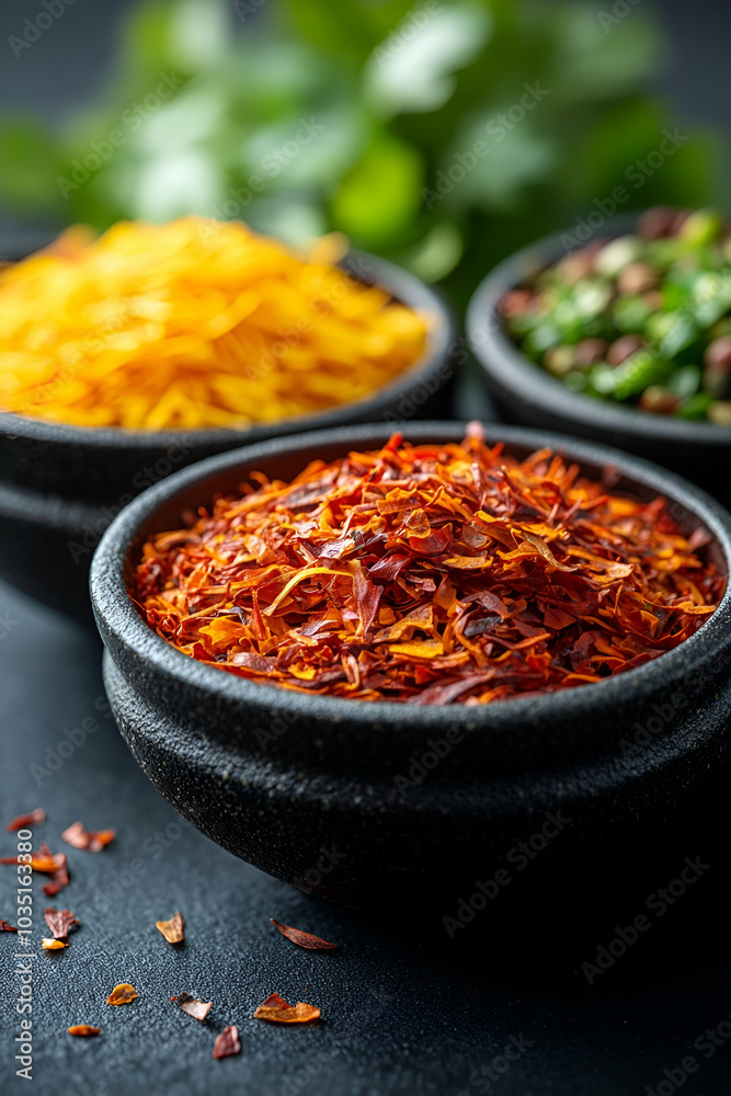 Three bowls of vibrant spices showcase red chili flakes, yellow turmeric, and green herbs, enhancing culinary creativity and flavor. Three bowls of vibrant spices showcase red chili flakes, yellow turmeric, and green herbs, enhancing culinary creativity and flavor.