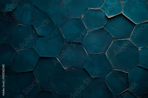 3D background featuring dark teal hexagons with a dark blue color scheme, creating a modern and futuristic design with depth. 