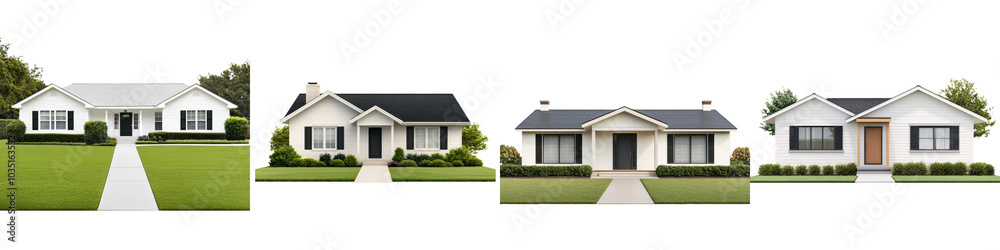 A collection of modern well designed suburban homes with lush green lawns landscaping and other exterior features in a peaceful family friendly residential neighborhood setting A collection of modern well designed suburban homes with lush green lawns landscaping and other exterior features in a peaceful family friendly residential neighborhood setting