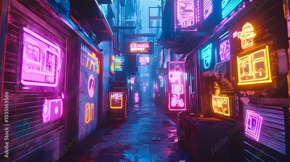 Neon-drenched futuristic alleyway with cybernetic enhancements visible on passersby Neon-drenched futuristic alleyway with cybernetic enhancements visible on passersby