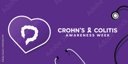 Crohns and Colitis Awareness Week. Colitis and stesthoscope. Great for cards, banners, posters, social media and more. Purple background. 