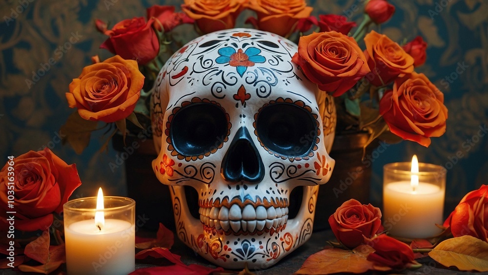 Dark mystical illustration of a dead painted calavera skull decorated by colorful flowers and lighting candles. Traditional Mexican Santa Muerte, Dia dos Muertos colorful illustration. Dark mystical illustration of a dead painted calavera skull decorated by colorful flowers and lighting candles. Traditional Mexican Santa Muerte, Dia dos Muertos colorful illustration.