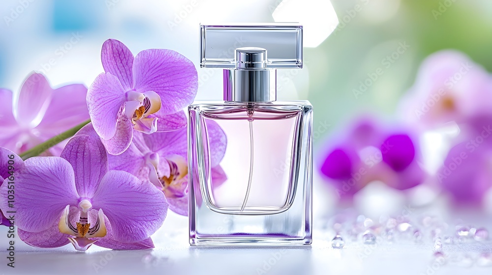 Luxury Perfume Bottle Surrounded by Exotic Orchids in Soft Focus Glamour Style Luxury Perfume Bottle Surrounded by Exotic Orchids in Soft Focus Glamour Style