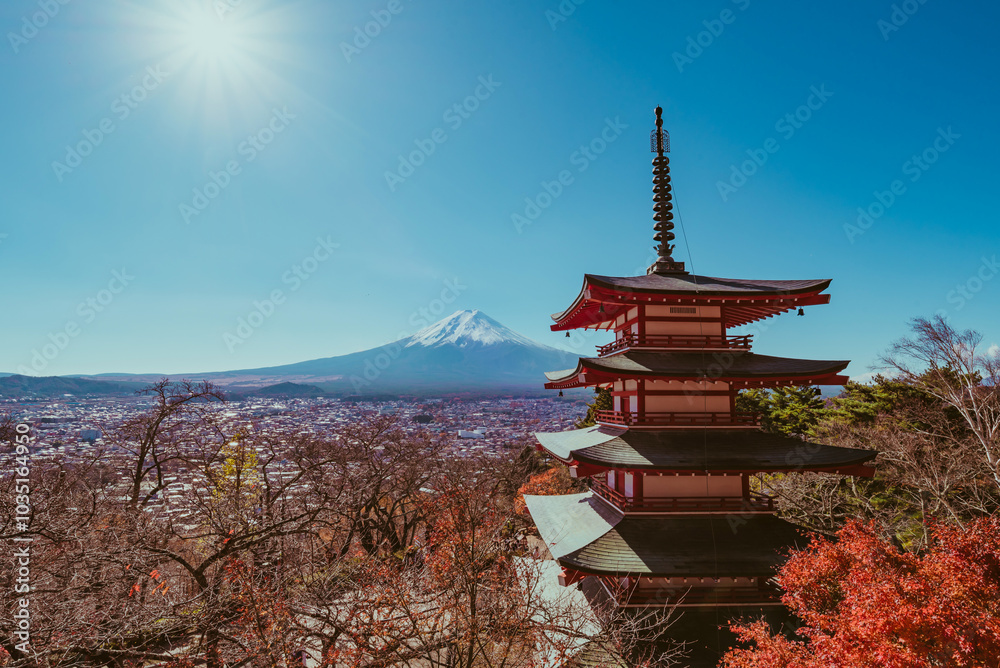 Mount Fuji, the iconic symbol of Japan, during the season of autumn foliage, a period of exceptional beauty.kawaguchiko,japan. Mount Fuji, the iconic symbol of Japan, during the season of autumn foliage, a period of exceptional beauty.kawaguchiko,japan.
