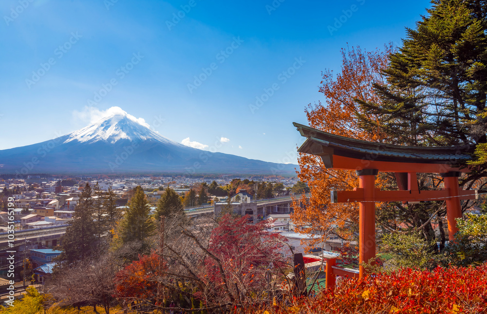 Obraz premium Mount Fuji, the iconic symbol of Japan, during the season of autumn foliage, a period of exceptional beauty.kawaguchiko,japan.