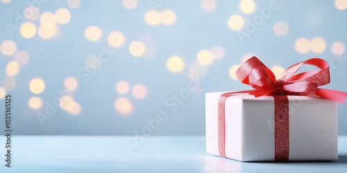 White Gift Box with Red Ribbon and Soft Bokeh Background