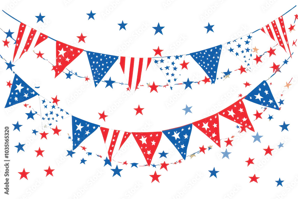 Colorful red and blue flag bunting with star confetti, perfect for festive celebrations and patriotic events. Colorful red and blue flag bunting with star confetti, perfect for festive celebrations and patriotic events.