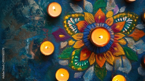 The Diwali festival background. A floral pattern with candles around photo