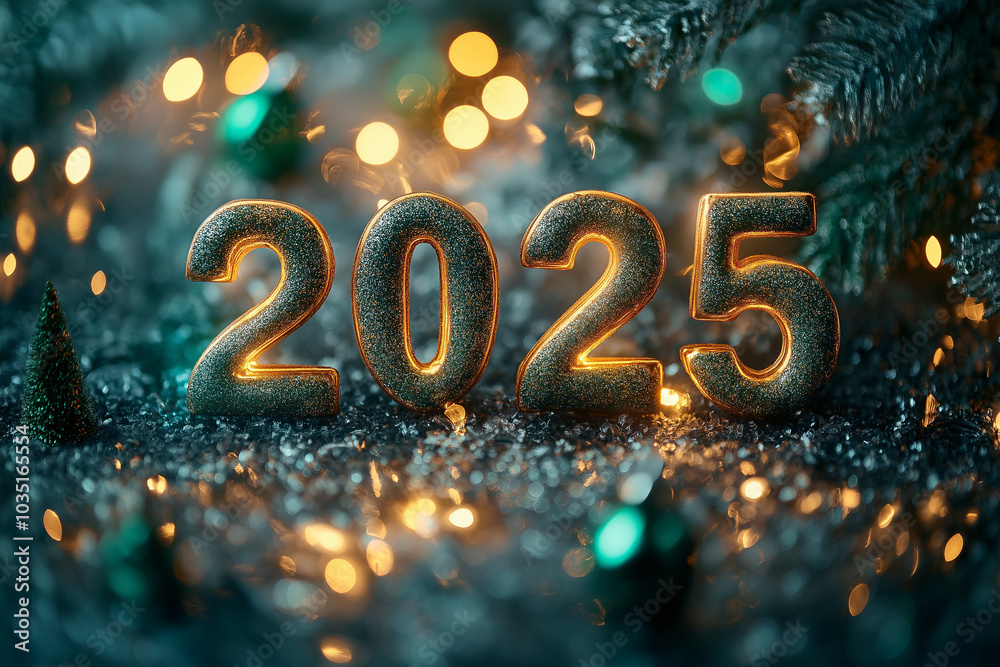 Glittering 2025 numbers in festive holiday scene Glittering 2025 numbers in festive holiday scene
