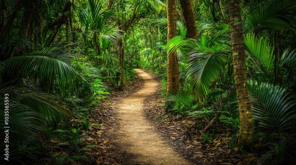 Serene Pathway Through Lush Tropical Forest Serene Pathway Through Lush Tropical Forest