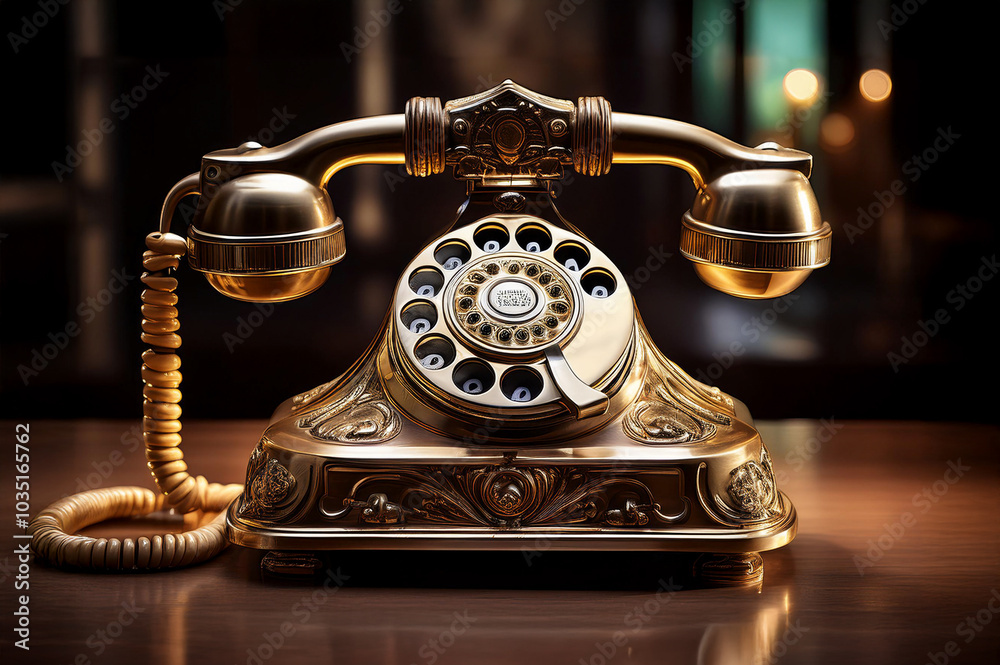 Ein goldfarbendes Telefon mit Wählscheibe