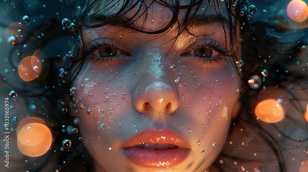 Close-up Portrait of a Woman Underwater with Bubbles and Lights Close-up Portrait of a Woman Underwater with Bubbles and Lights