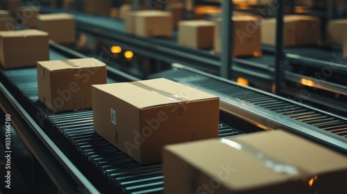 A close-up of cardboard boxes moving on a conveyor belt at a parcel sorter with space for text or inscriptions photo