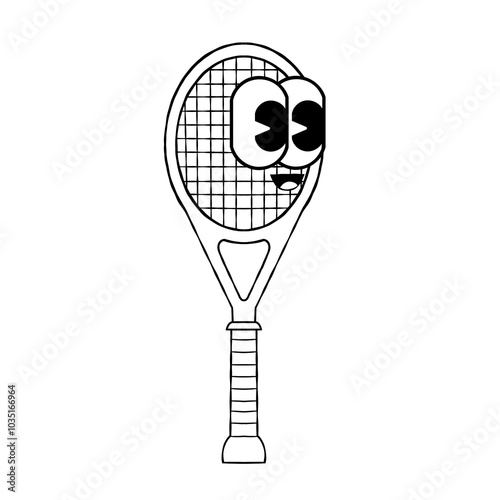 Doodle cute character tennis racket sticker illustration outline