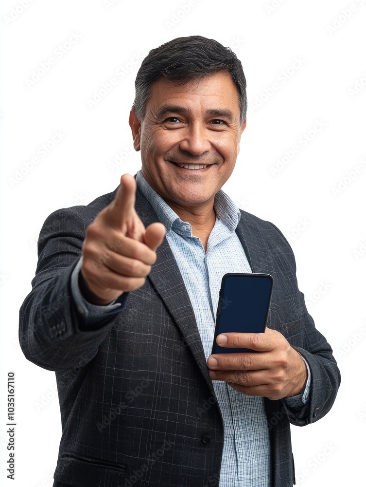 Businessman giving thumbs up in front of cellphone Businessman giving thumbs up in front of cellphone