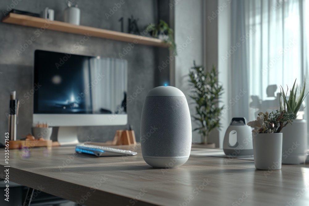Smart home setup with a sleek speaker on the desk Smart home setup with a sleek speaker on the desk