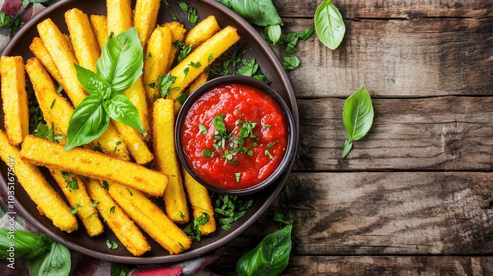 Crispy Polenta Fries with Marinara Sauce and Fresh Basil Crispy Polenta Fries with Marinara Sauce and Fresh Basil