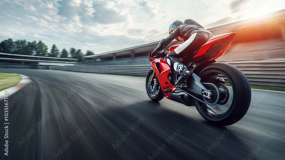 Motorcyclist speeding on race track on red sports motorcycle, motion blur, back view, racing and speed theme with space for text or inscriptions Motorcyclist speeding on race track on red sports motorcycle, motion blur, back view, racing and speed theme with space for text or inscriptions