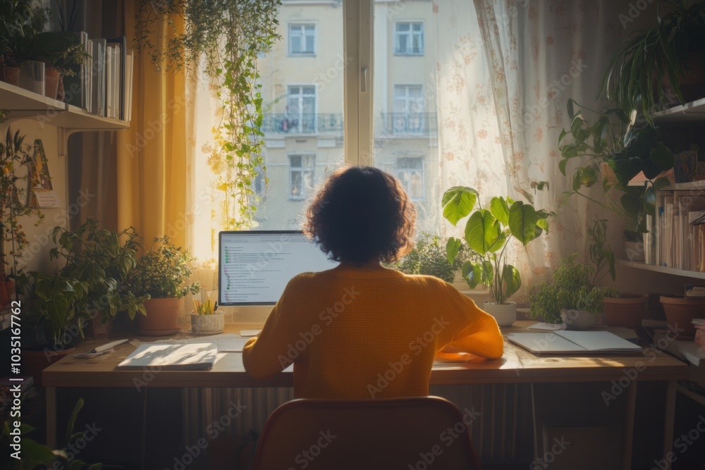 Working from home with a view Sunlight streams in through the window illuminating the space Working from home with a view Sunlight streams in through the window illuminating the space