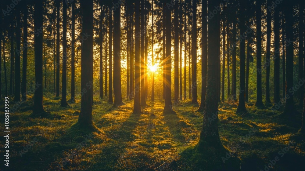 Fototapeta premium Serene Sunrise Through Dense Forest Trees