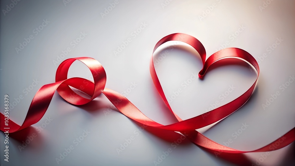 Red satin ribbon in two heart shapes on white background.