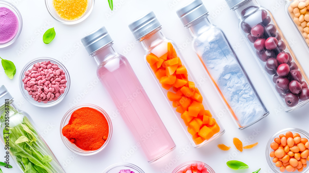 An elegant display showcases a variety of spices, dried fruits, and herbs in glass jars, highlighting vibrant colors and textures on a bright background An elegant display showcases a variety of spices, dried fruits, and herbs in glass jars, highlighting vibrant colors and textures on a bright background