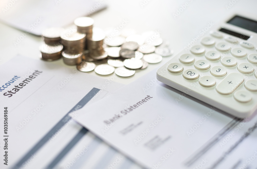 Business finance and saving money concept , calculator with bank statement report and money coin stack on white table, balance of savings and investment Business finance and saving money concept , calculator with bank statement report and money coin stack on white table, balance of savings and investment
