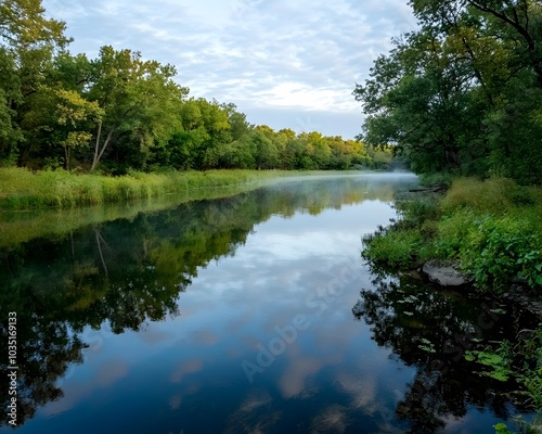 Tranquil river scene with green trees reflected in the water.