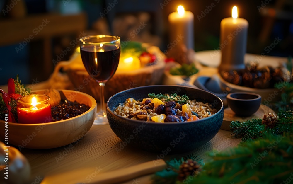 A warm and inviting dinner setting with a glass of wine and candlelight. A warm and inviting dinner setting with a glass of wine and candlelight.